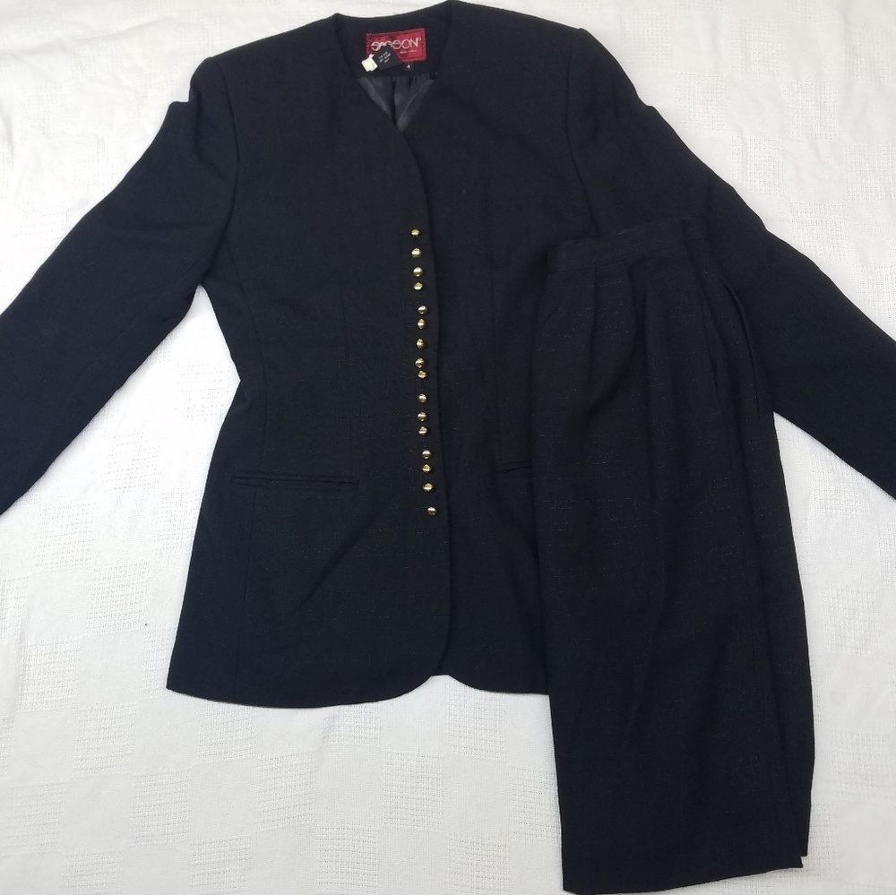 Vintage Sasson Black Blazer Pencil Skirt Suit Set